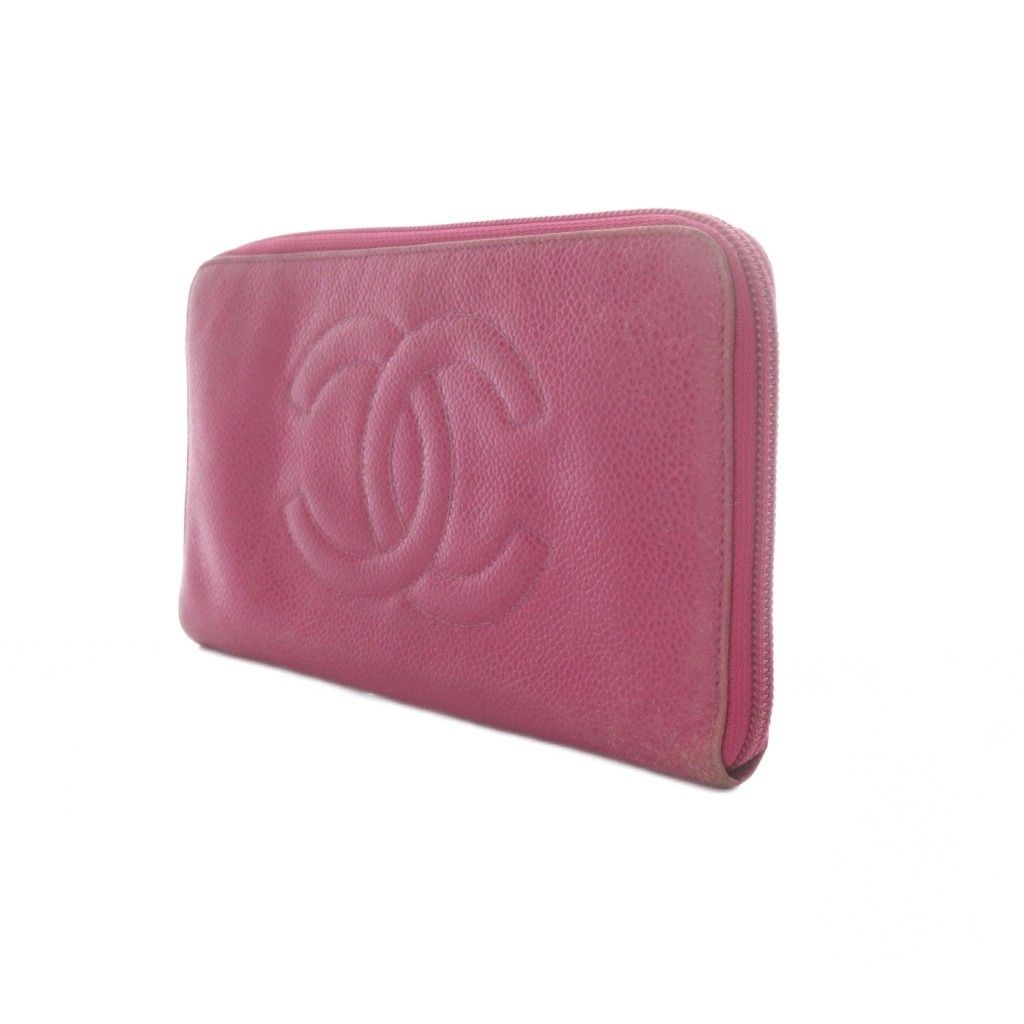 Chanel Wallet Zip Around Logo Embossed Leather Pink — view 3