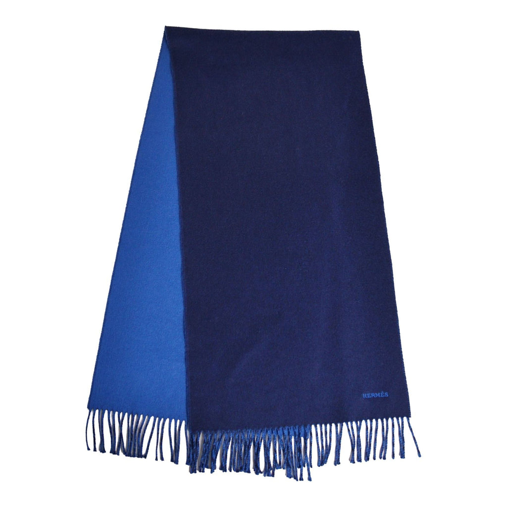 Hermes Scarf Shawl Fringe Cashmere Navy
