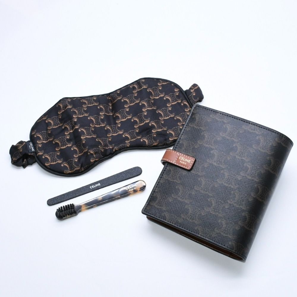 Celine Travel Kit Triomphe Canvas Amenity Calfskin Brown Gold Vanity Bag