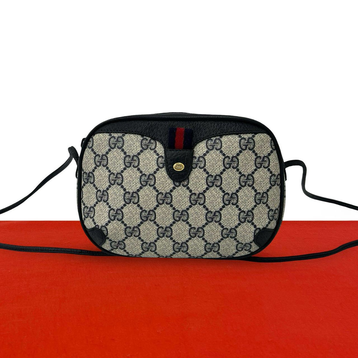 Gucci Vintage Sherry Line GG Logo Leather Shoulder Bag Navy