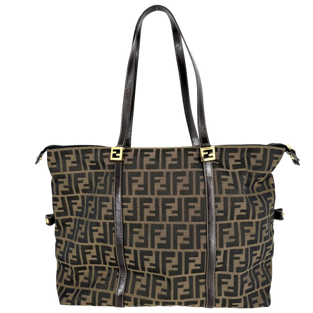 Fendi Tote Zucca Zipper Shoulder Bag Canvas Leather Brown Gold — view 2