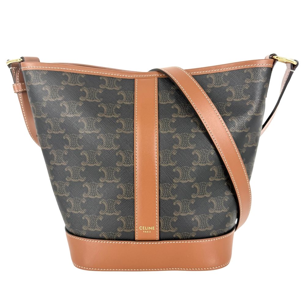Celine Shoulder Bag Small Baguette Triomphe Brown Canvas Calfskin Tan Gold