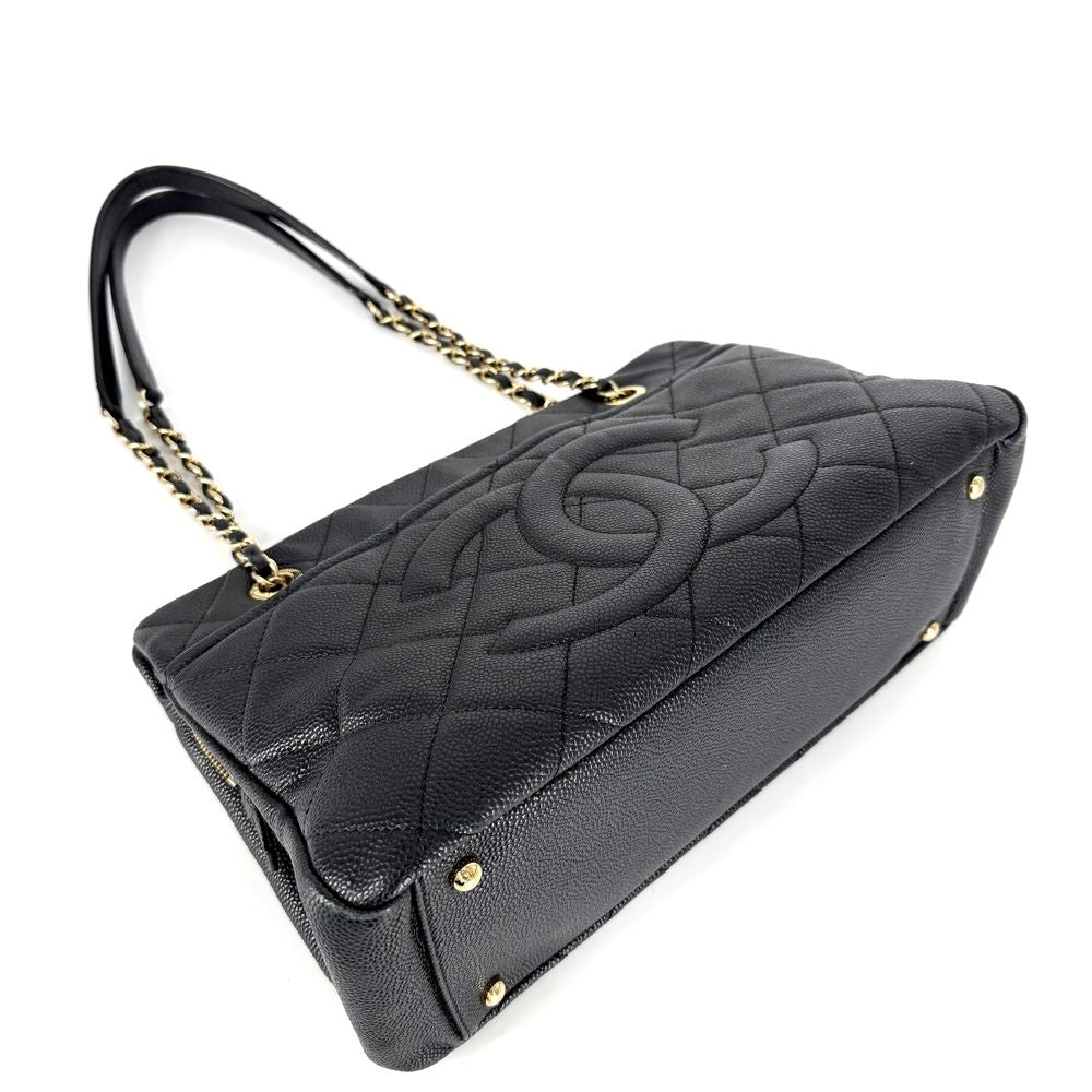 Chanel Tote Quilted CC Logo Handbag Shoulder Chain Caviar Leather Black Gold — view 3