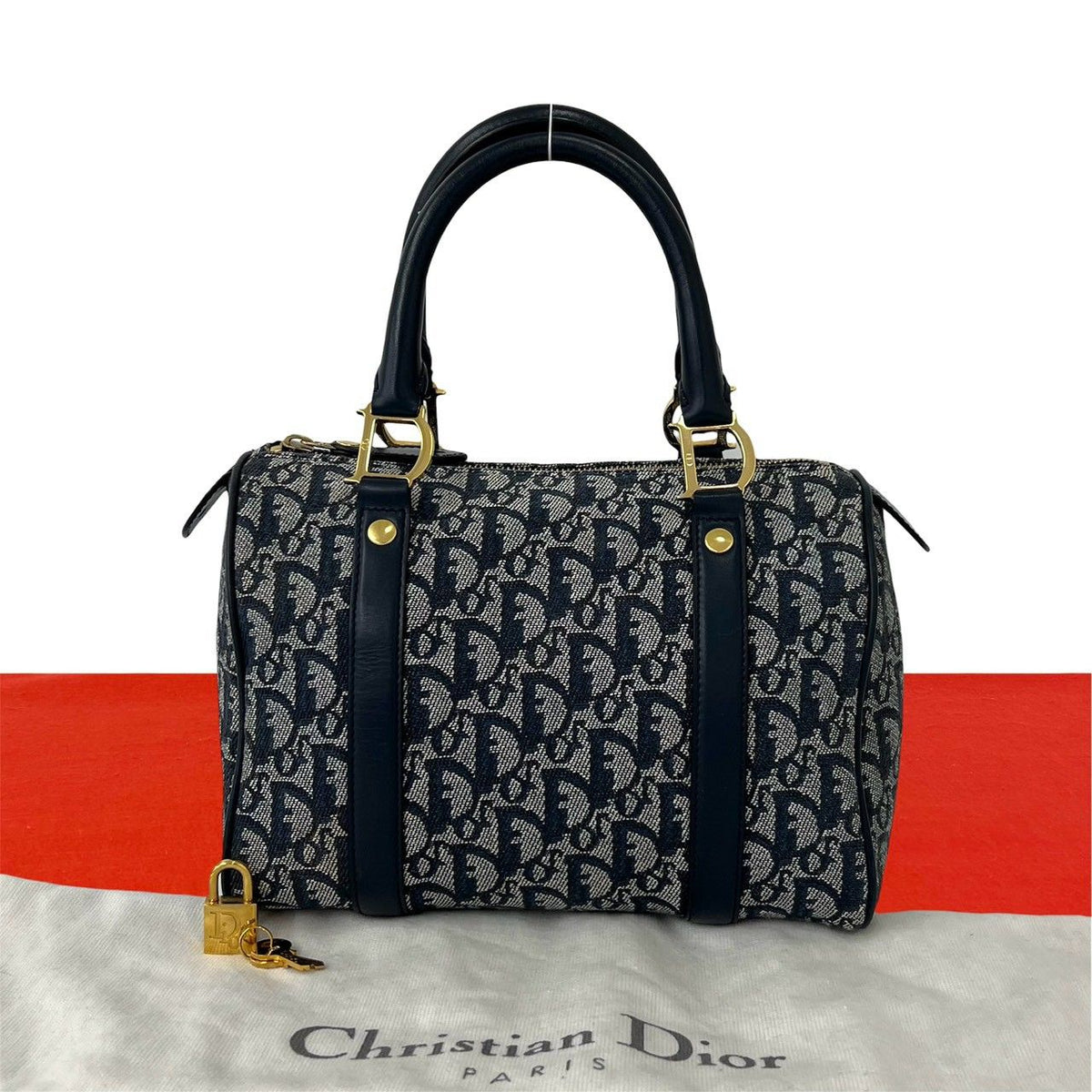 Dior with Key Trotter Pattern Canvas Leather Mini Boston Bag Navy