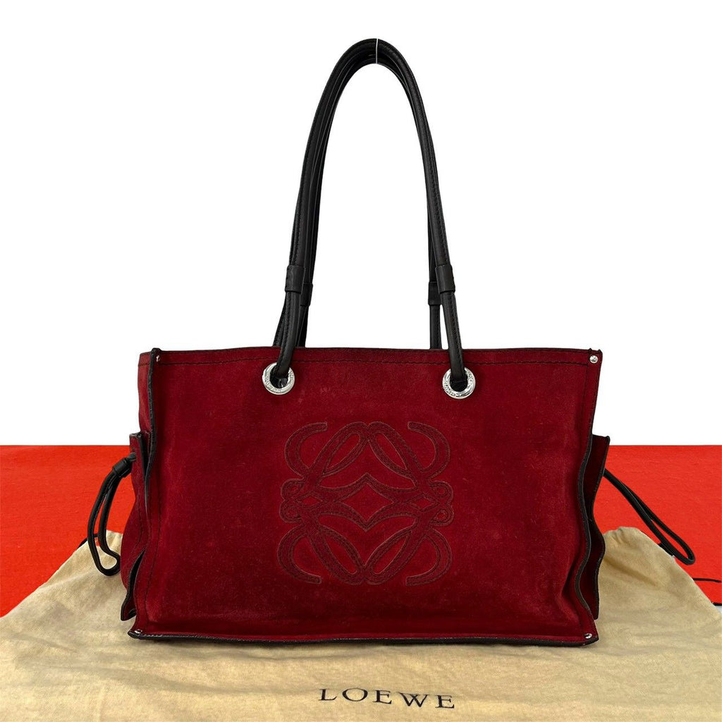 Loewe Logo Stitch Suede Leather Tote Shoulder Bag Red