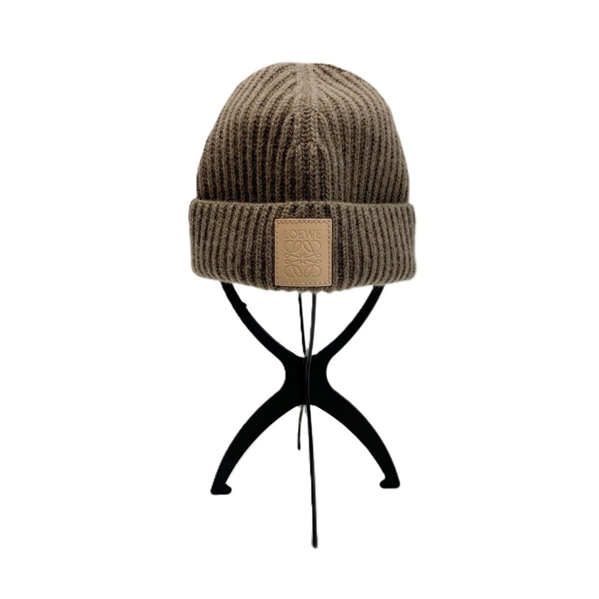 Loewe Knit Hat Logo Patch Anagram Beanie Rib Brown Beige