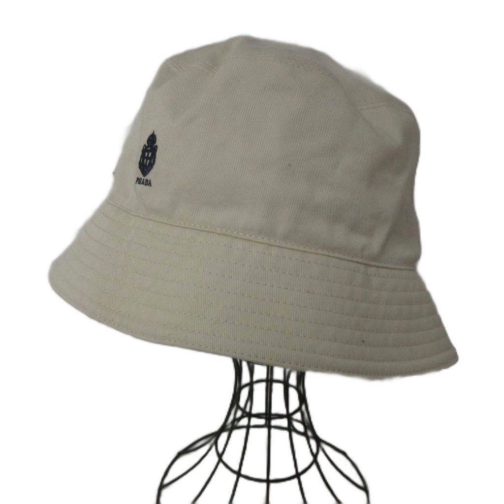 Prada Vintage Gabardine Bucket Hat L Logo Embroidery Thick Ivory