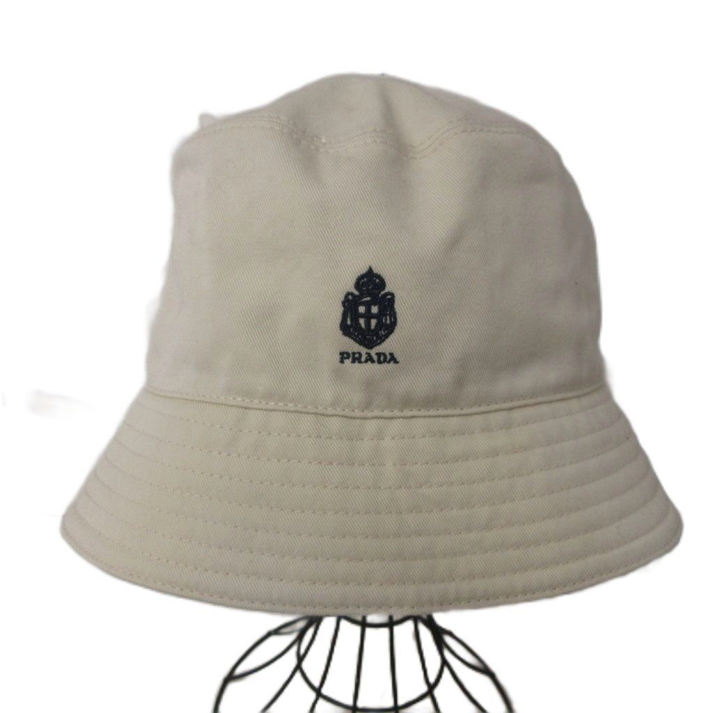 Prada Vintage Gabardine Bucket Hat L Logo Embroidery Thick Ivory — view 2