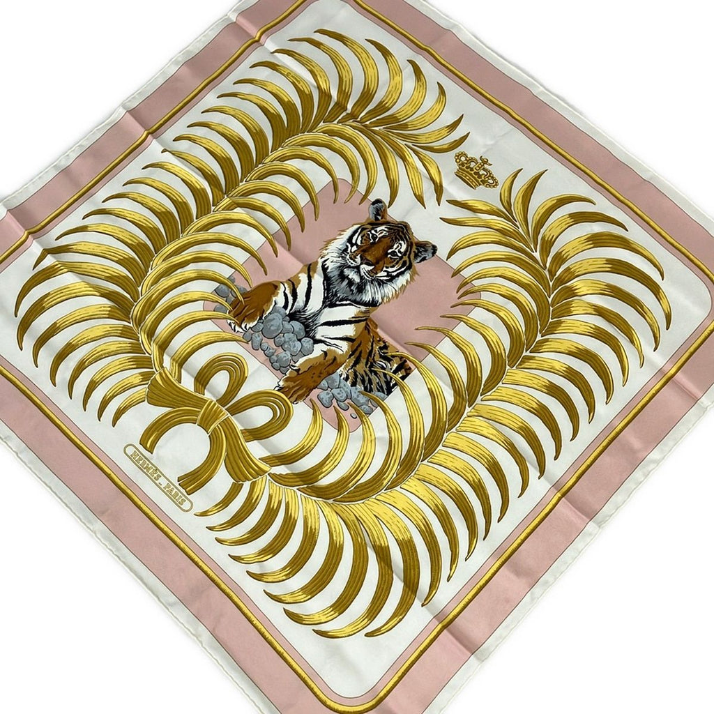 Hermes Scarf Carre 70 Ivory Light Pink Multi Vintage Tigre Royal