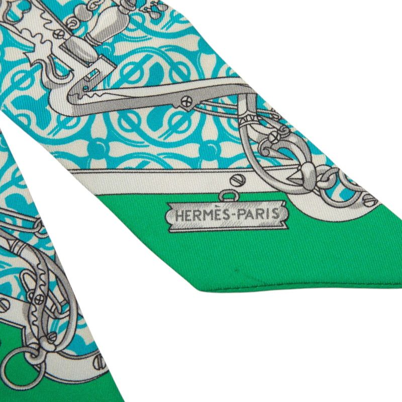 Hermes Twilly Equestrian and Chains Mors Et Gourmettes Remix Scarf Green — view 4