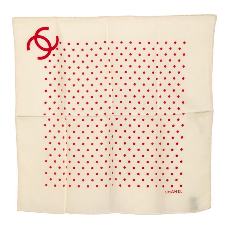 Chanel CC Logo Dot Pattern Scarf Ivory Red Silk
