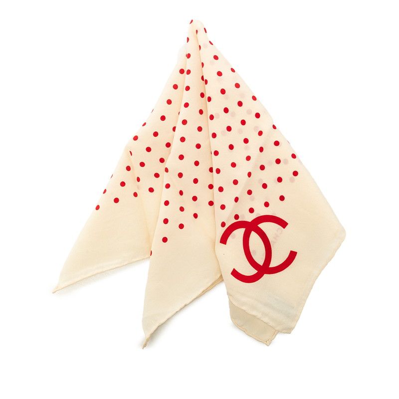 Chanel CC Logo Dot Pattern Scarf Ivory Red Silk — view 5