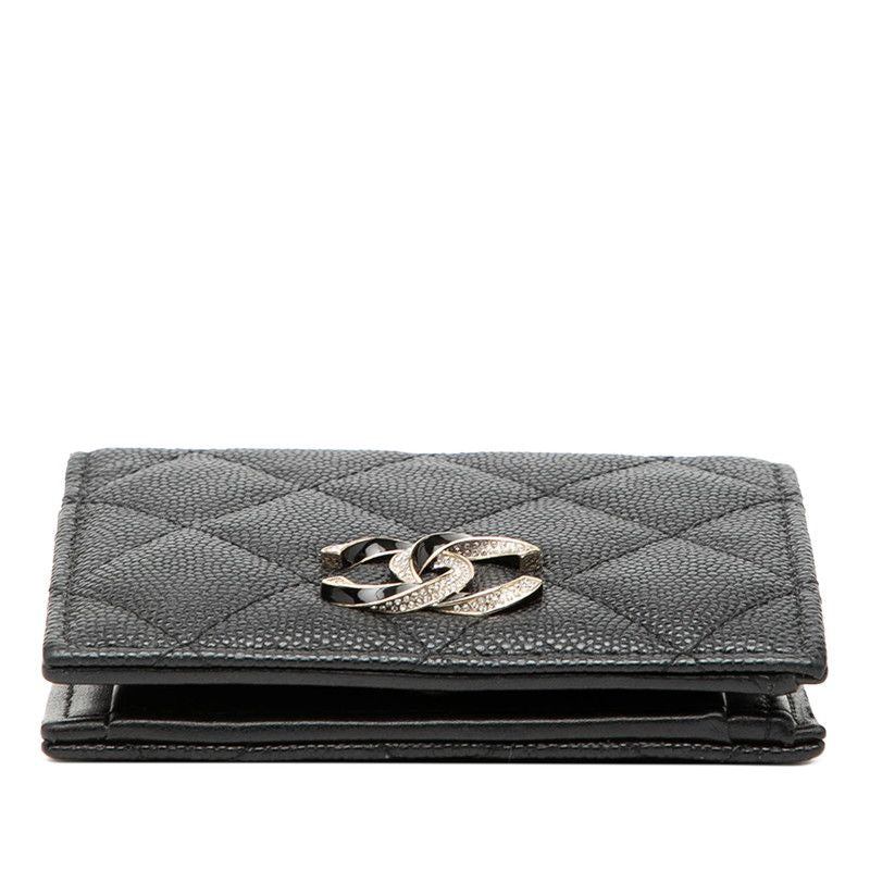 Chanel CC Logo Quilted Bifold Wallet Black Gold Caviar Leather Rhinestone — view 3