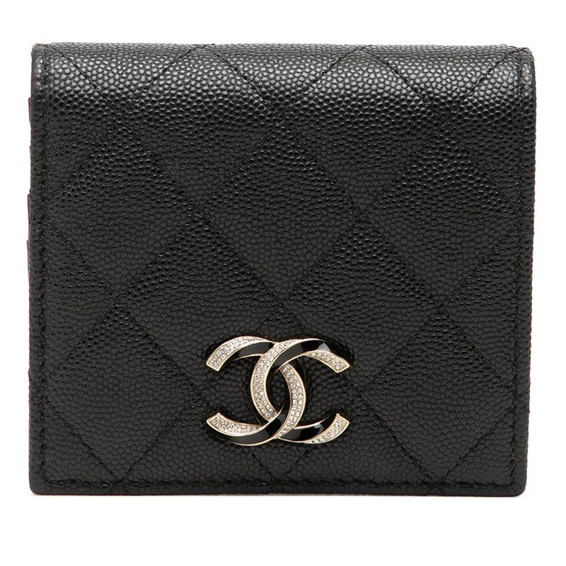 Chanel CC Logo Quilted Bifold Wallet Black Gold Caviar Leather Rhinestone