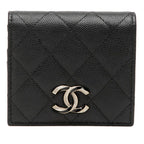 Chanel CC Logo Quilted Bifold Wallet Black Gold Caviar Leather Rhinestone