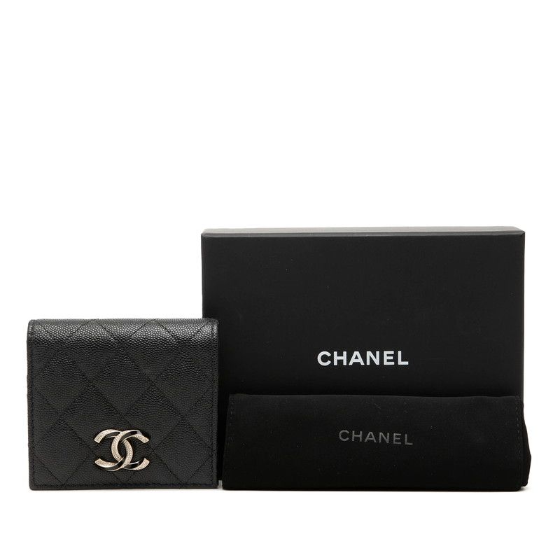 Chanel CC Logo Quilted Bifold Wallet Black Gold Caviar Leather Rhinestone — view 8