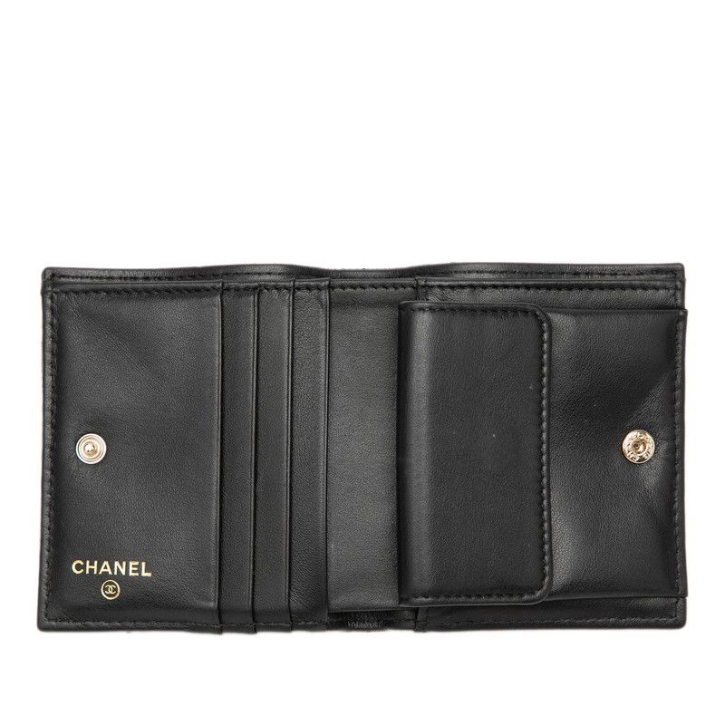 Chanel CC Logo Quilted Bifold Wallet Black Gold Caviar Leather Rhinestone — view 4