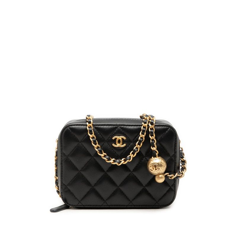Chanel CC Logo Quilted Camera Bag Chain Black Gold Lambskin