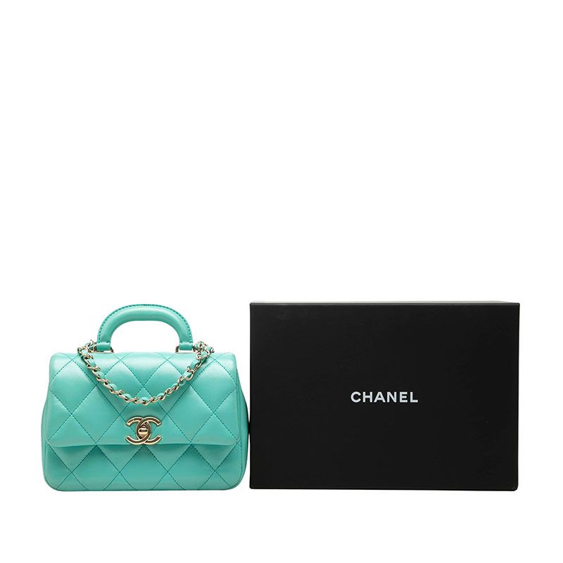 Chanel CC Logo Quilted Top Handle Chain Shoulder Bag Blue Green Calfskin — view 7
