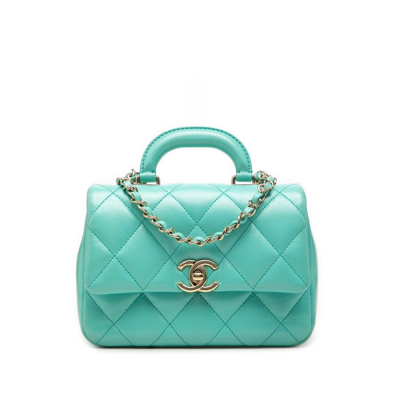 Chanel CC Logo Quilted Top Handle Chain Shoulder Bag Blue Green Calfskin