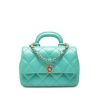 Chanel CC Logo Quilted Top Handle Chain Shoulder Bag Blue Green Calfskin