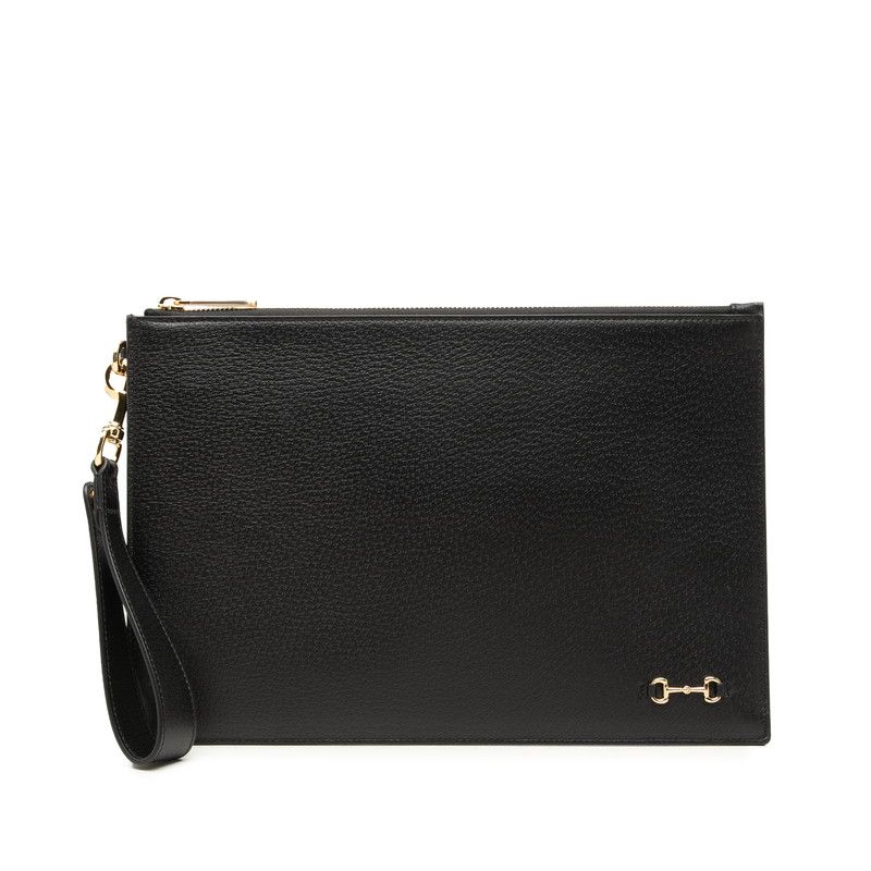 Gucci Horsebit Clutch Black Gold Leather