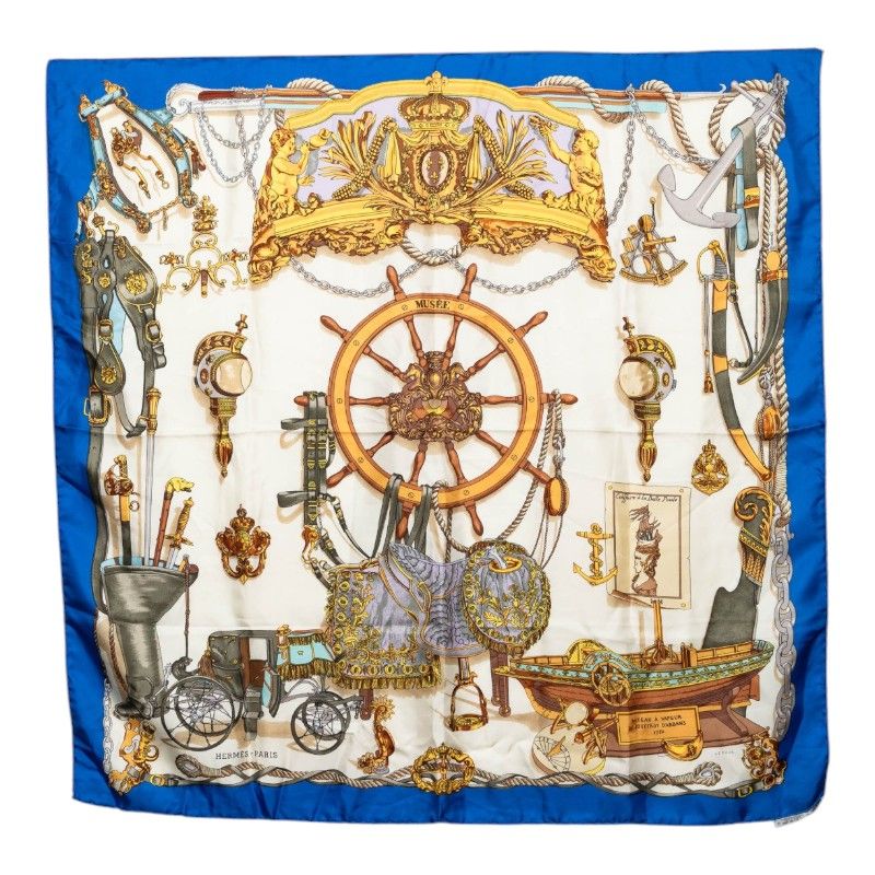 Hermes Carre 90 Museum Musee Scarf Blue Ivory Silk
