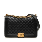 Chanel CC Logo Boy 28 Chain Shoulder Bag Black Gold Lambskin