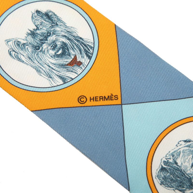 Hermes Twilly Colliers Et Chiens Scarf Blue Orange Silk — view 3