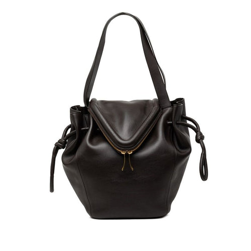 Bottega Veneta Beak Tote Shoulder Bag Drawstring Dark Brown Leather
