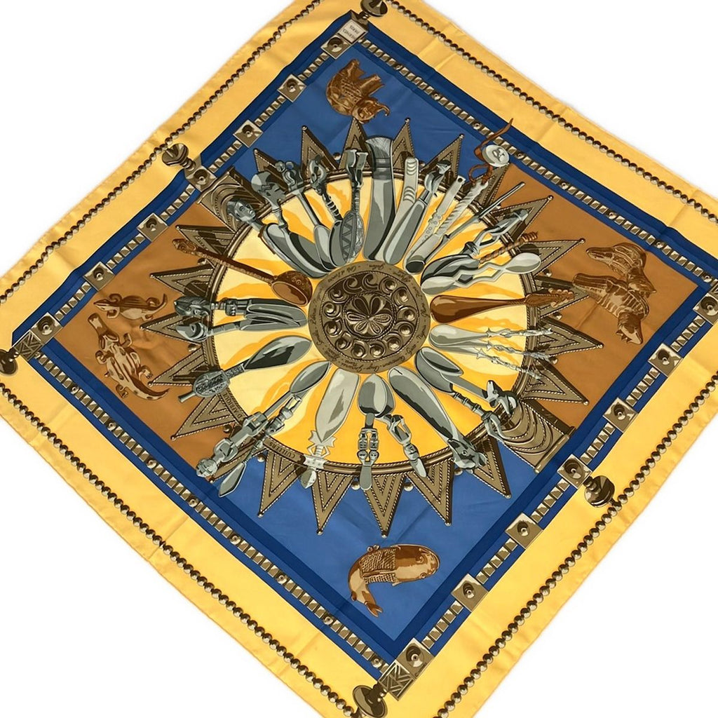 Hermes Scarf Carre 90 Yellow Blue Gray Cuillers D'afrique