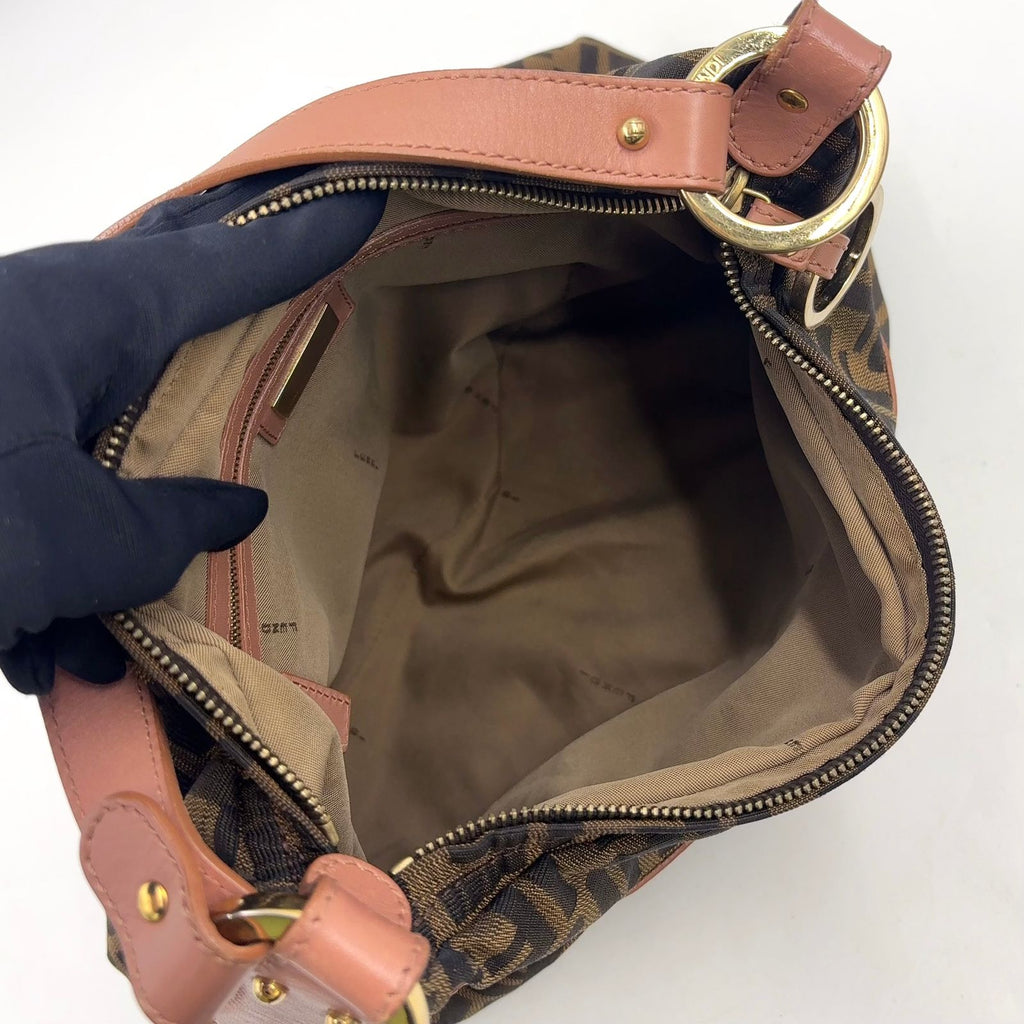 Fendi Zucca Pattern Leather Canvas Pink Beige Brown Bag Gold — view 3