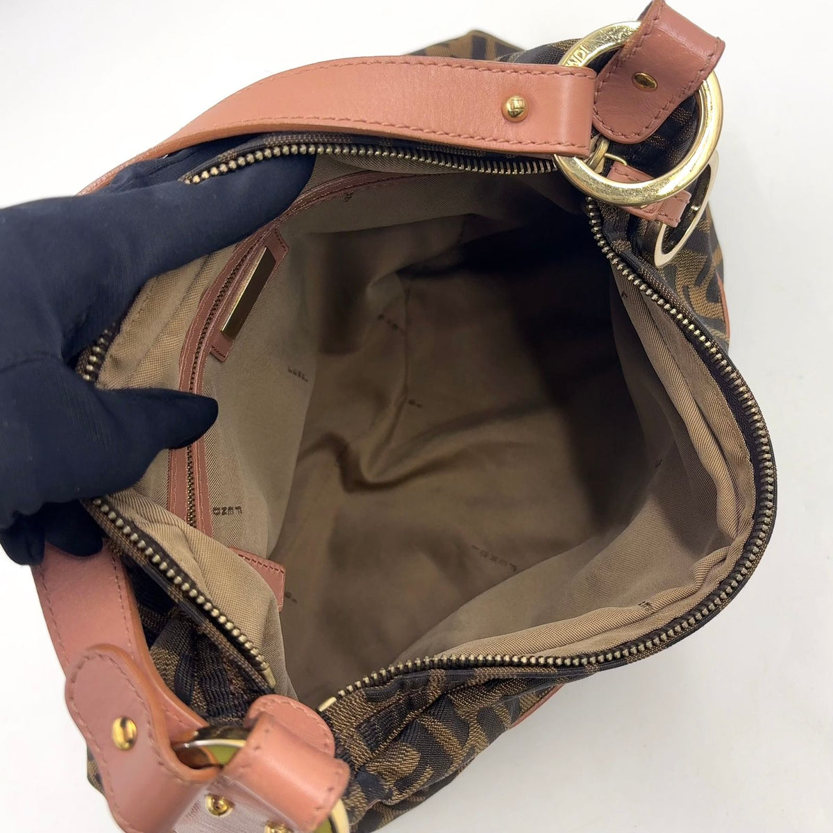Fendi Zucca Pattern Leather Canvas Pink Beige Brown Bag Gold — view 3