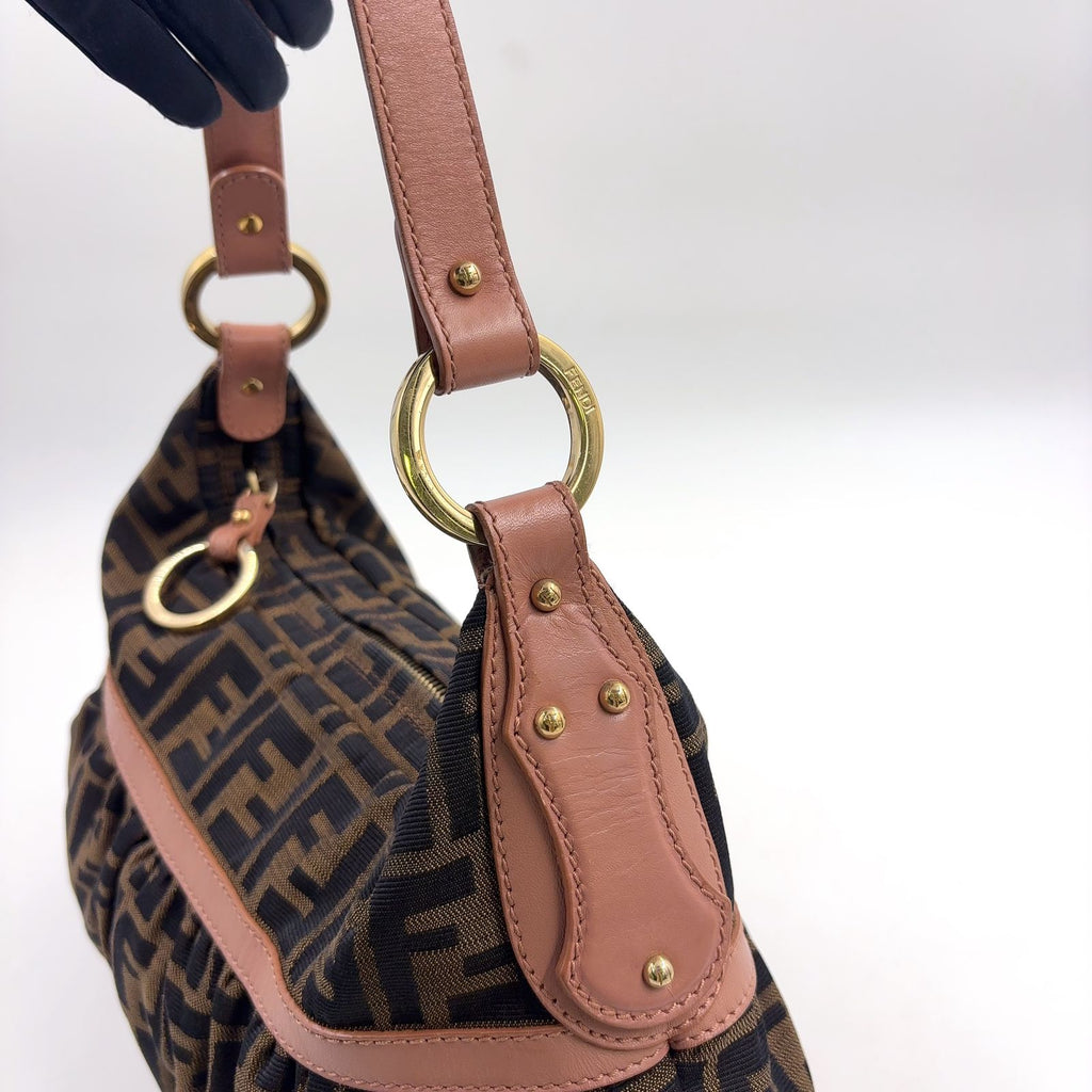 Fendi Zucca Pattern Leather Canvas Pink Beige Brown Bag Gold — view 7