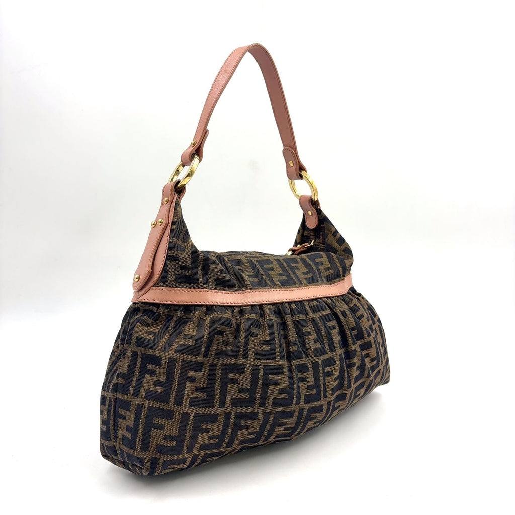 Fendi Zucca Pattern Leather Canvas Pink Beige Brown Bag Gold — view 2