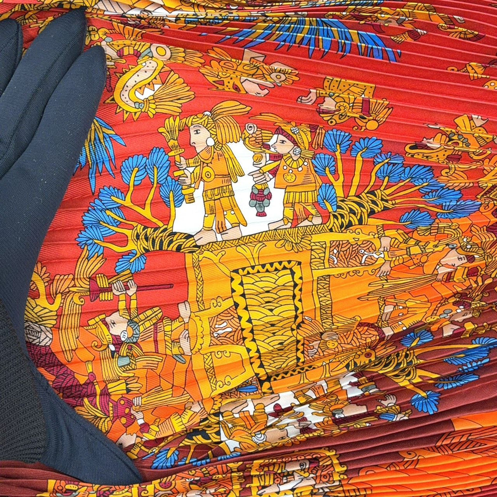 Hermes Yellow Golden Knight Pleated Carre 90 Silk Orange Scarf — view 5