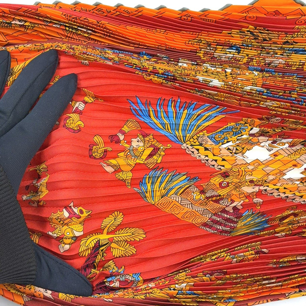 Hermes Yellow Golden Knight Pleated Carre 90 Silk Orange Scarf — view 6