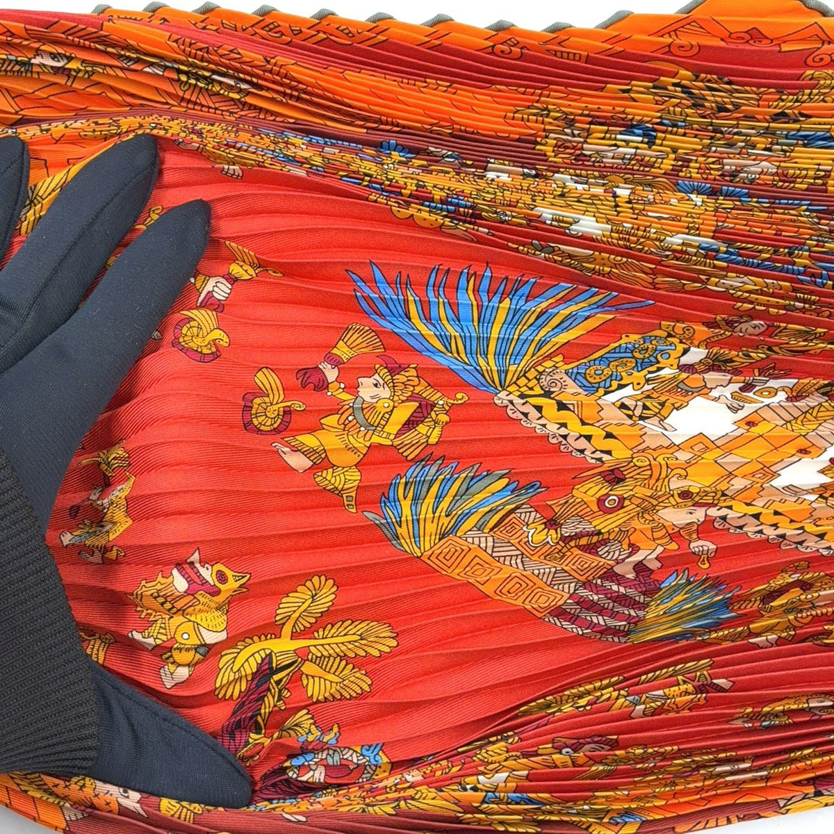 Hermes Yellow Golden Knight Pleated Carre 90 Silk Orange Scarf — view 6