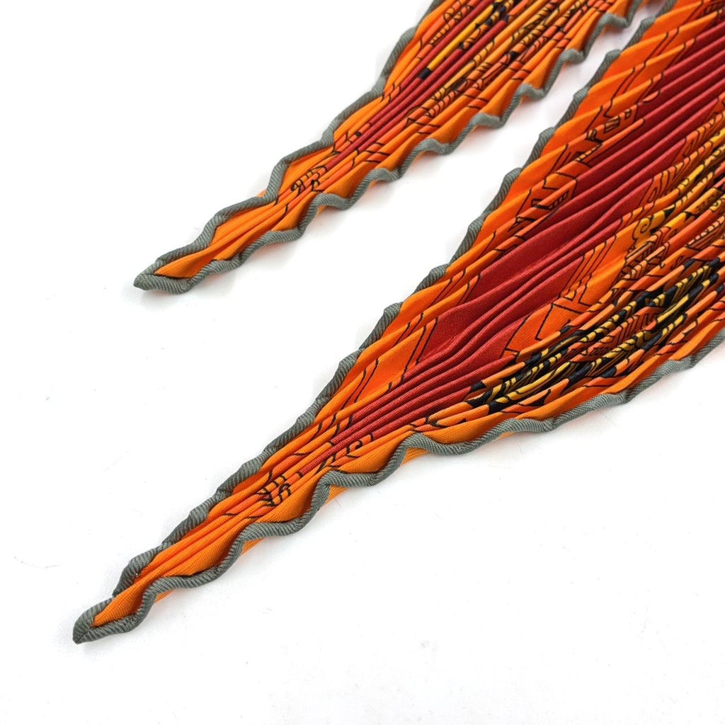 Hermes Yellow Golden Knight Pleated Carre 90 Silk Orange Scarf — view 3