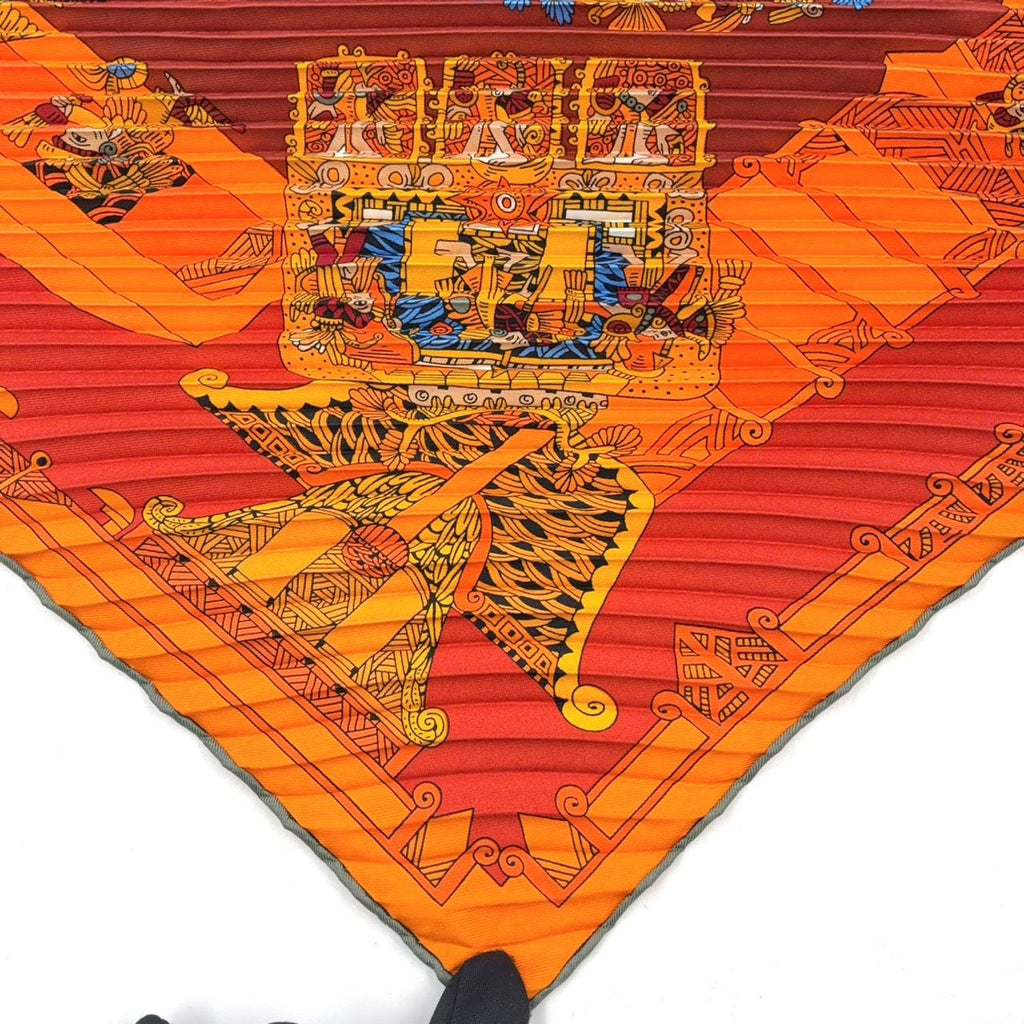 Hermes Yellow Golden Knight Pleated Carre 90 Silk Orange Scarf — view 4