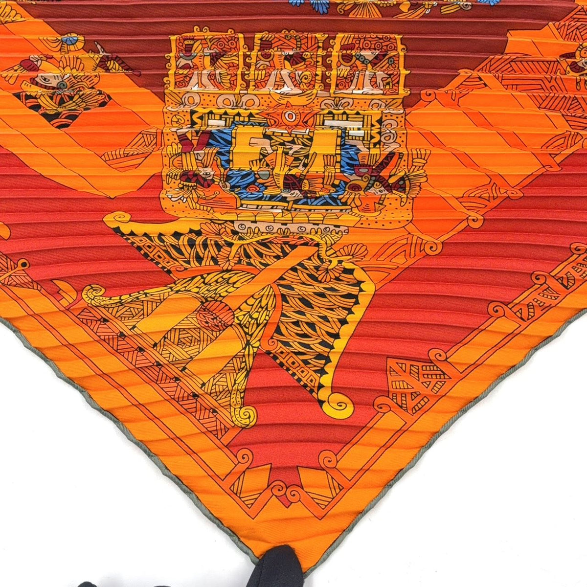 Hermes Yellow Golden Knight Pleated Carre 90 Silk Orange Scarf — view 4