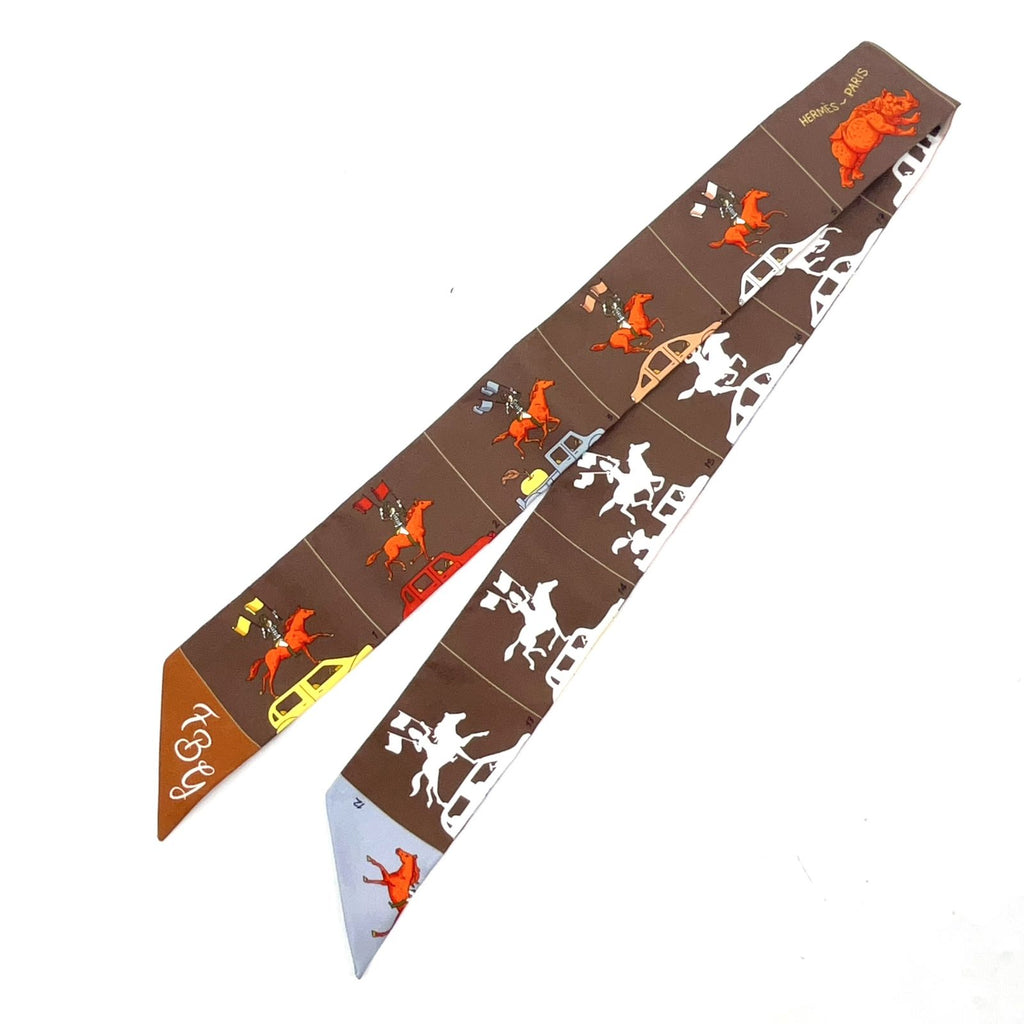 Hermes Ex-Libris Wind Frame Twilly Silk Brown Scarf
