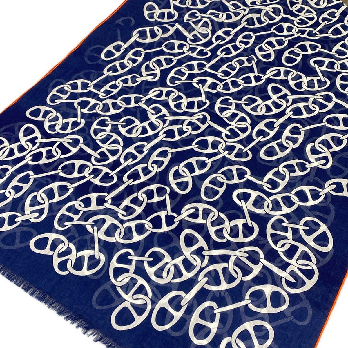 Hermes Shawl Navy Chaine D'ancre Cotton Scarf — view 4