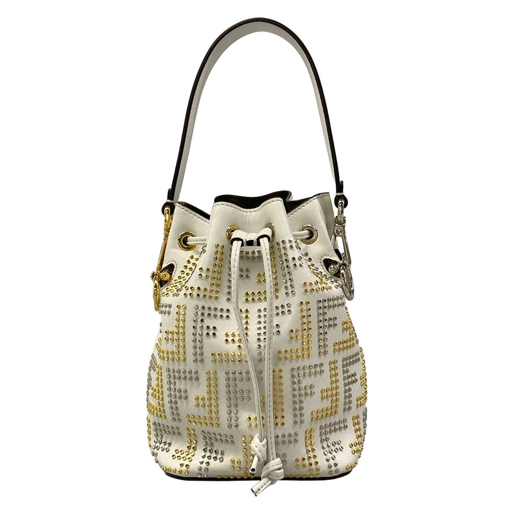 Fendi Handbag Mini Mon Tresor Zucca Pattern White Gold Silver Studs Leather