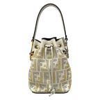 Fendi Handbag Mini Mon Tresor Zucca Pattern White Gold Silver Studs Leather
