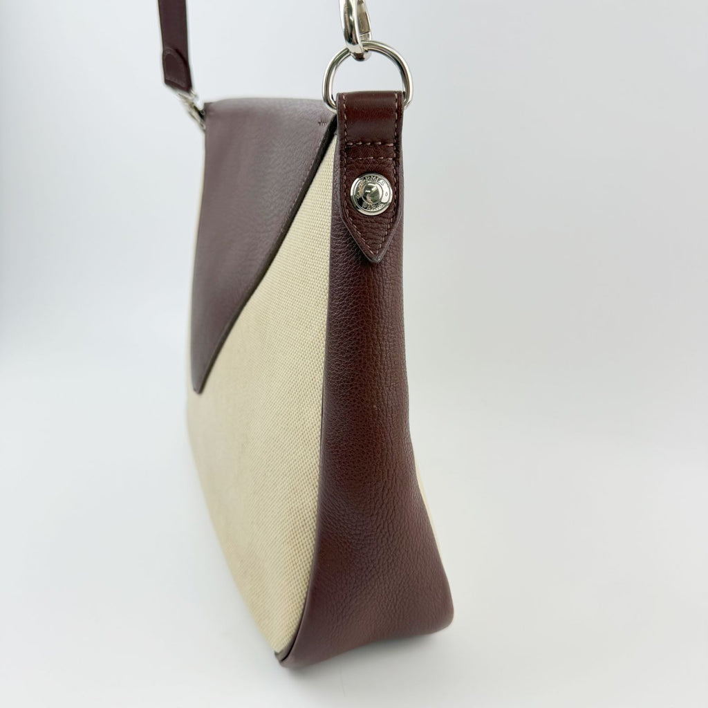 Hermes Christine Shoulder Bag Canvas Leather Beige Brown Silver Vintage — view 4