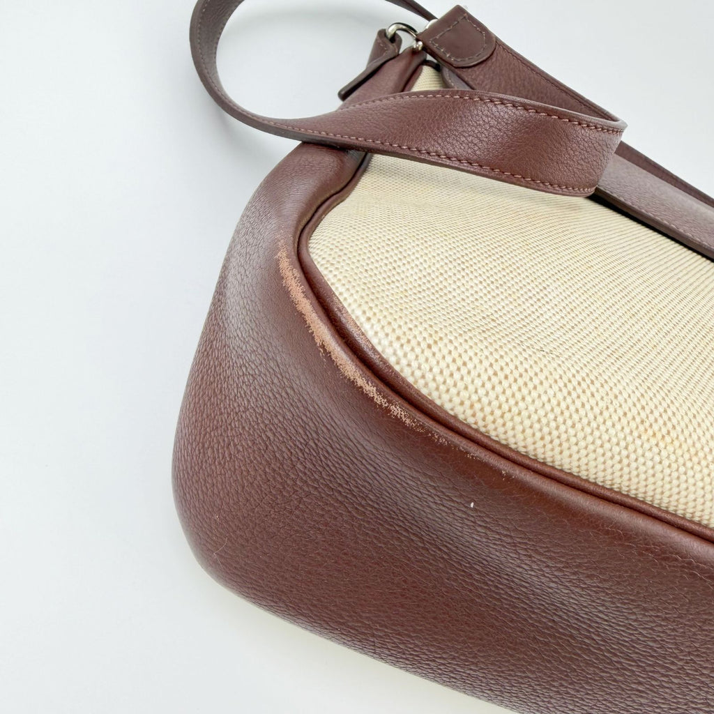 Hermes Christine Shoulder Bag Canvas Leather Beige Brown Silver Vintage — view 7