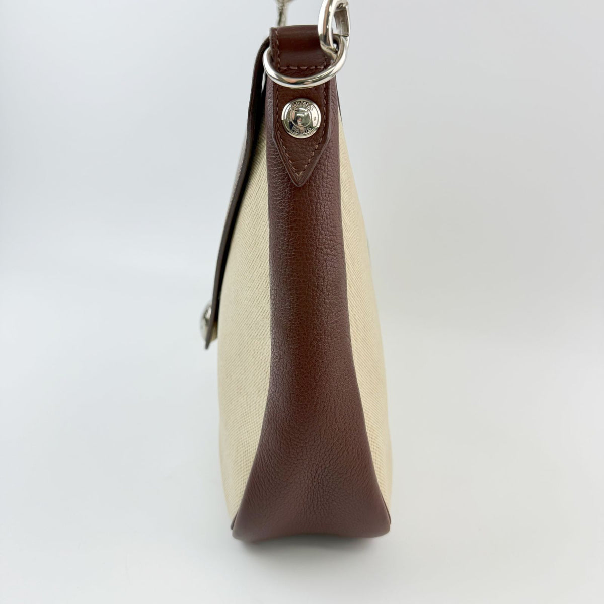 Hermes Christine Shoulder Bag Canvas Leather Beige Brown Silver Vintage — view 5