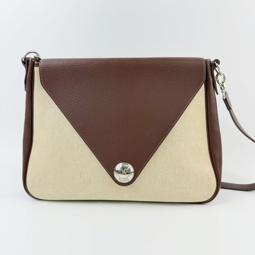Hermes Christine Shoulder Bag Canvas Leather Beige Brown Silver Vintage — view 3