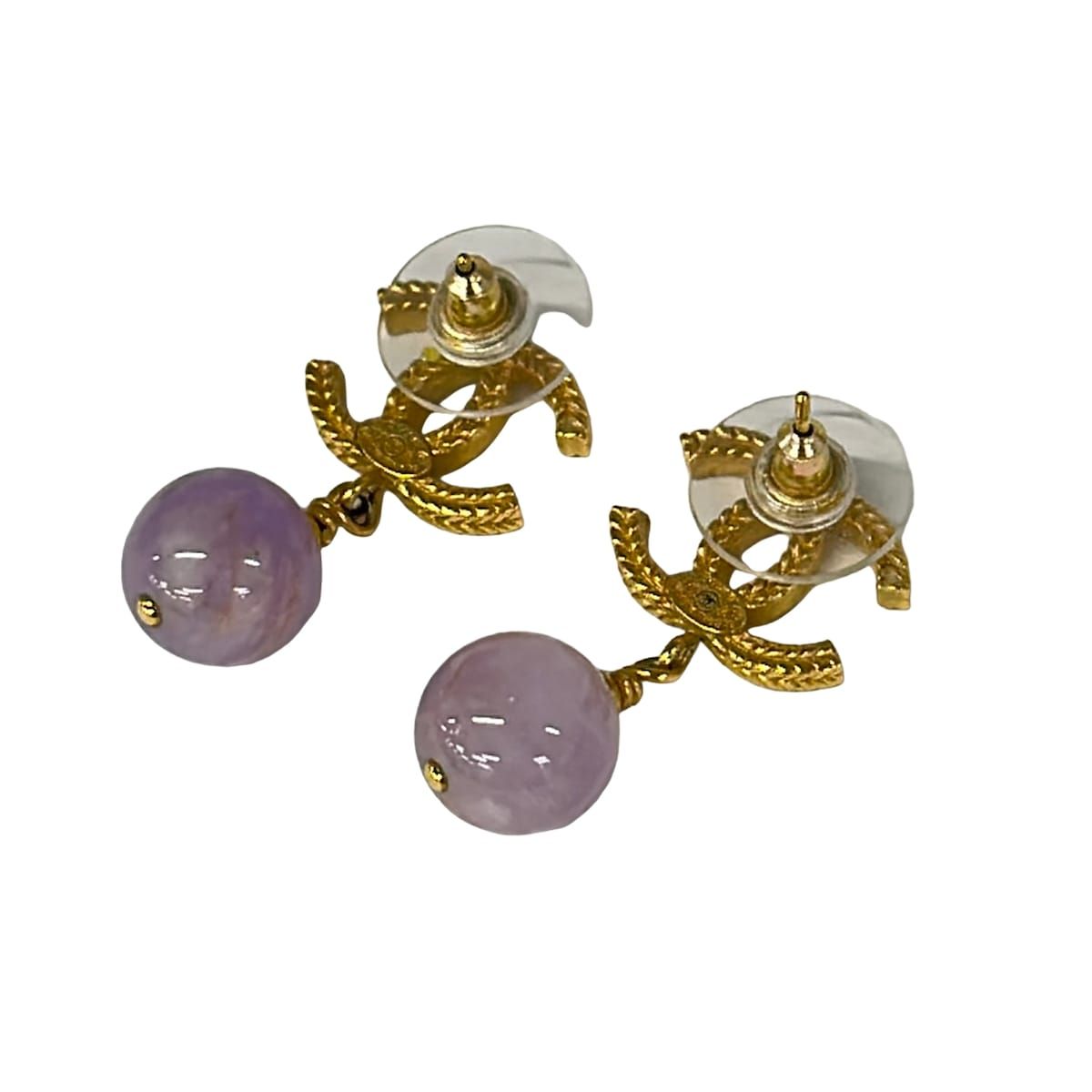 Chanel Earrings CC Logo Gold Light Purple Color Stone — view 2